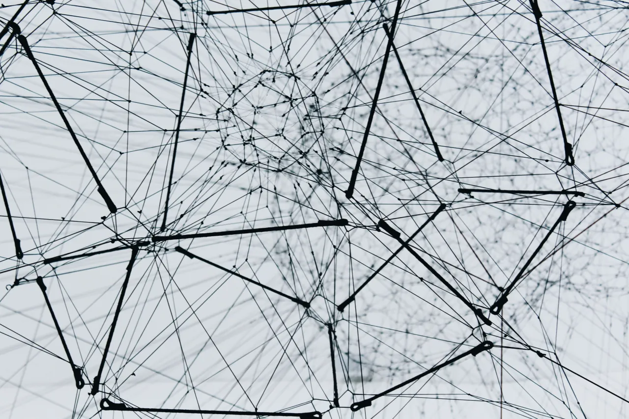 Abstract network of intersecting black bungee cords on a light background