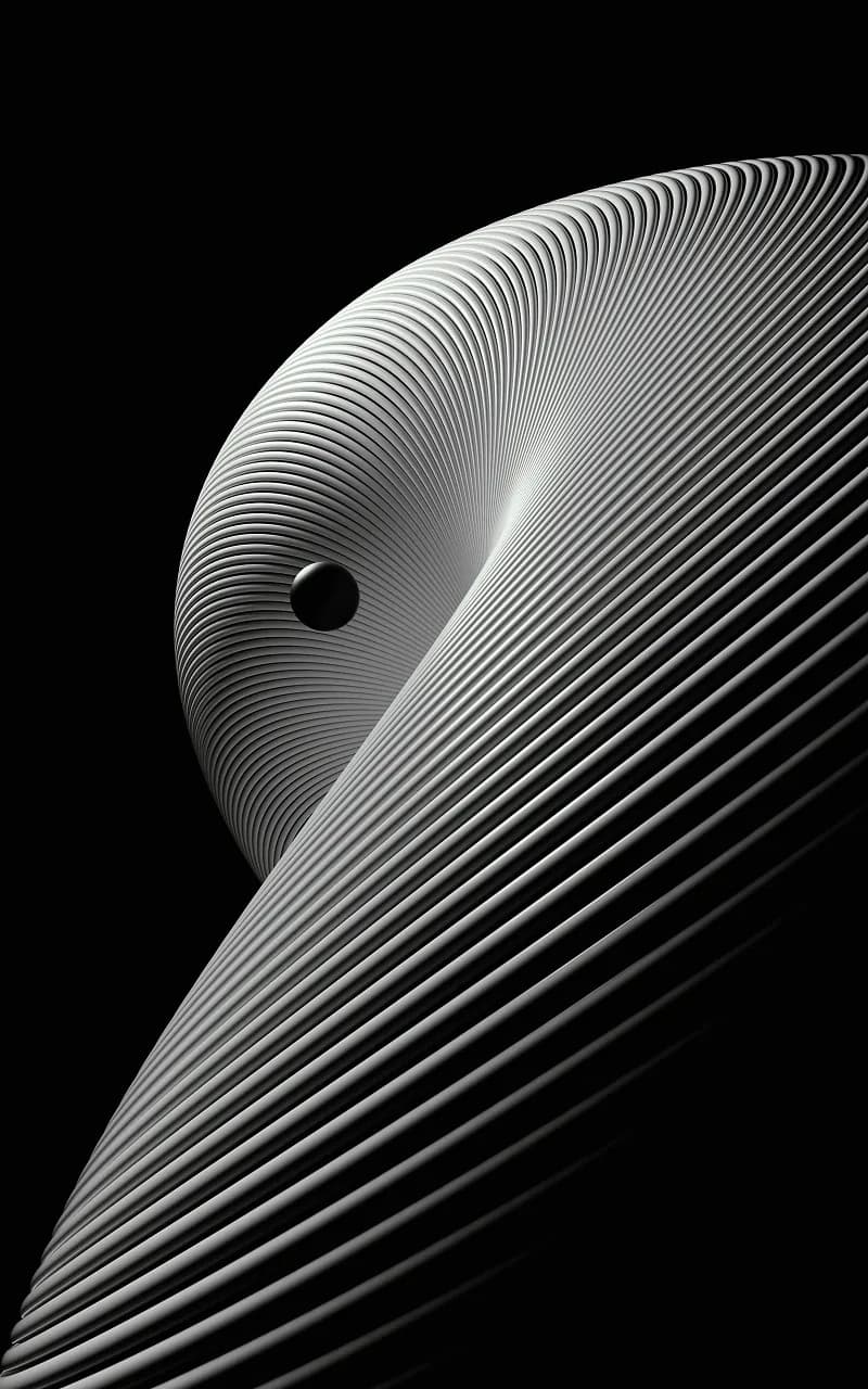Abstract black-and-white spiral form with a small dark circle near the center