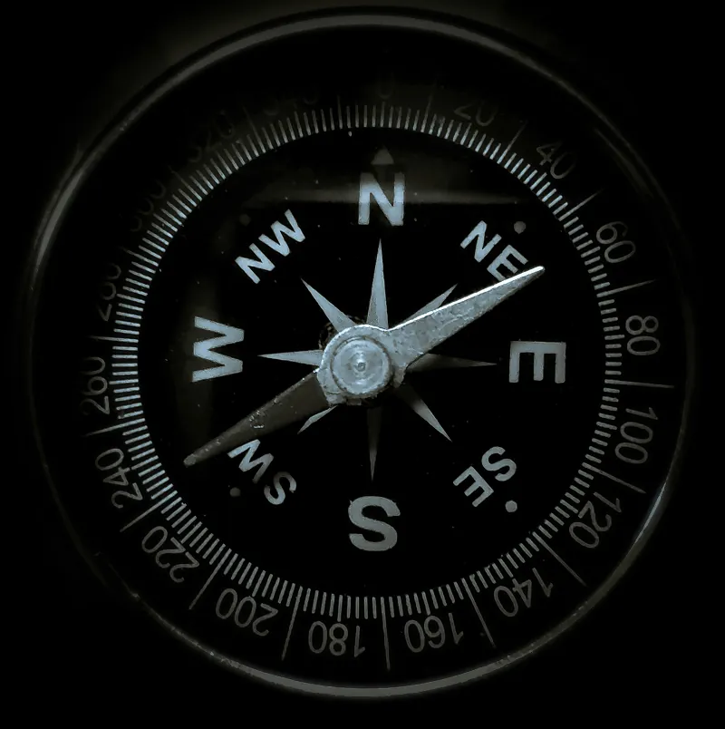 Black compass showing northeast-southwest orientation