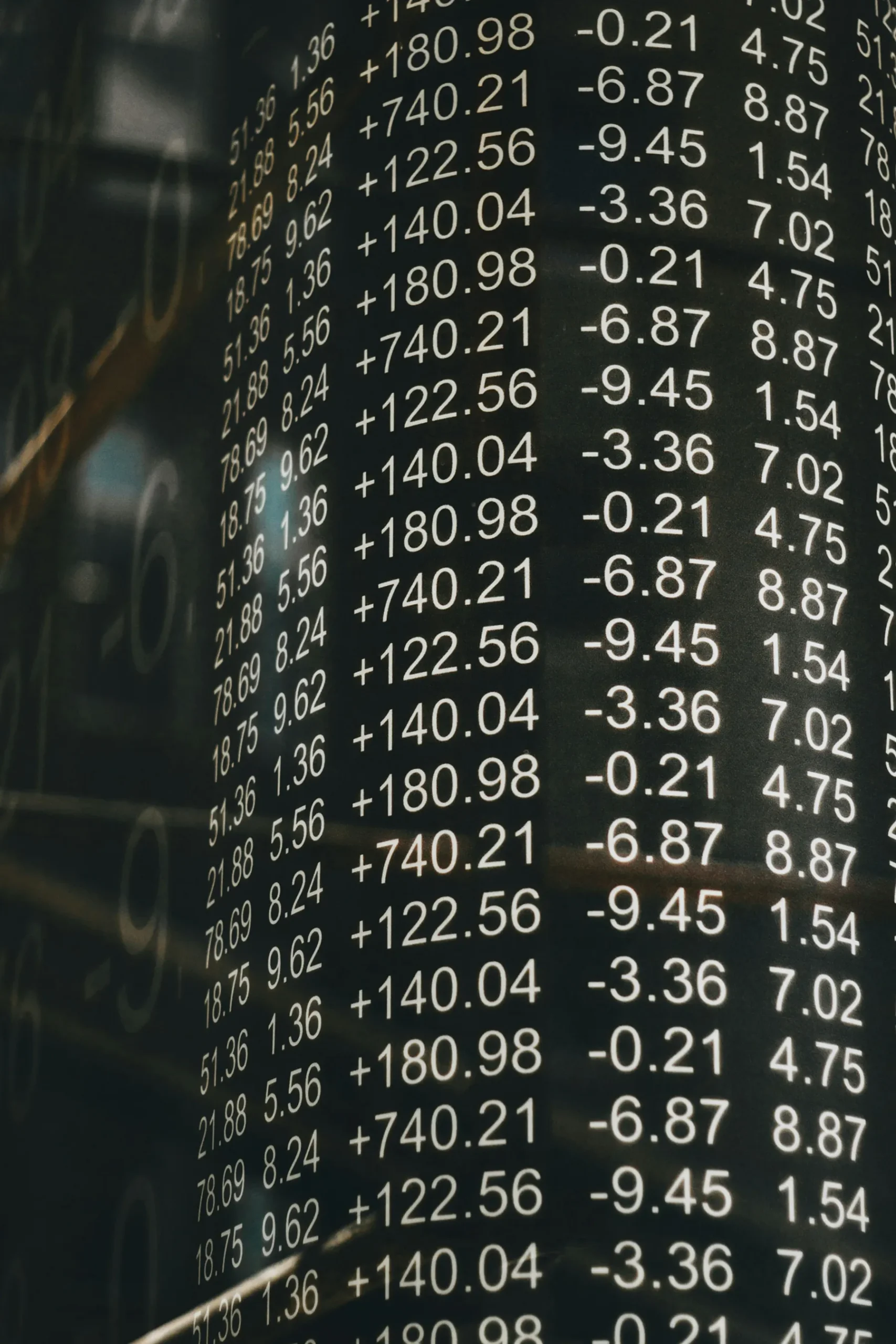Columns of financial numbers on a stock market display
