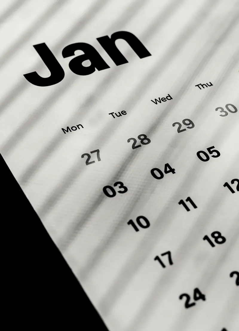 January calendar page with dates and weekdays visible